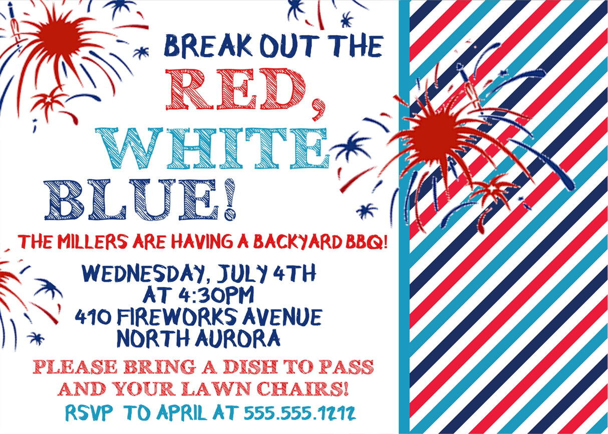 Patriotic July Fourth invitation diagonal stripe background