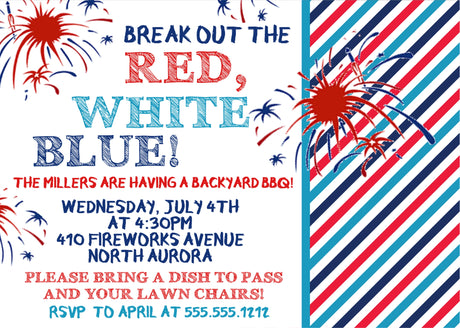 Patriotic July Fourth invitation diagonal stripe background