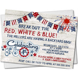 Patriotic backyard barbecue invitation with fireworks