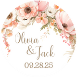 Peach and blush floral wedding favor sticker in circular layout