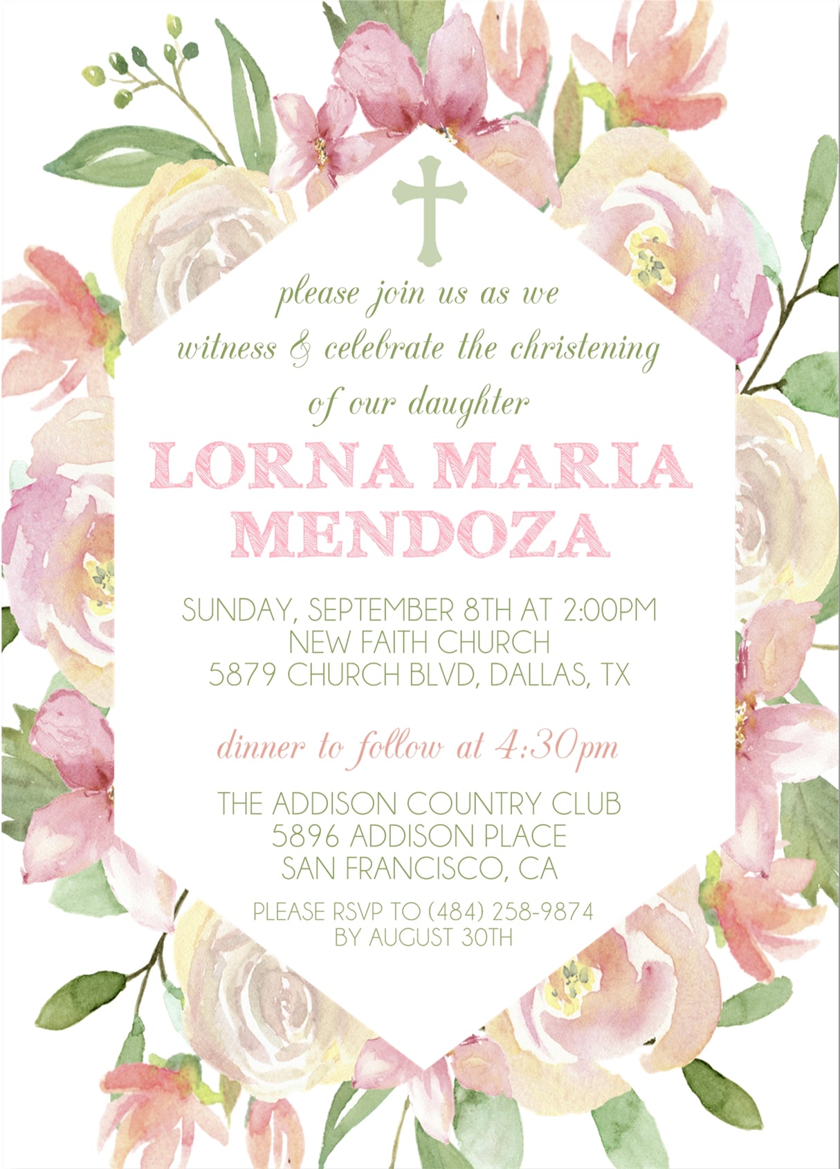 Peach christening and baby dedication invitation design