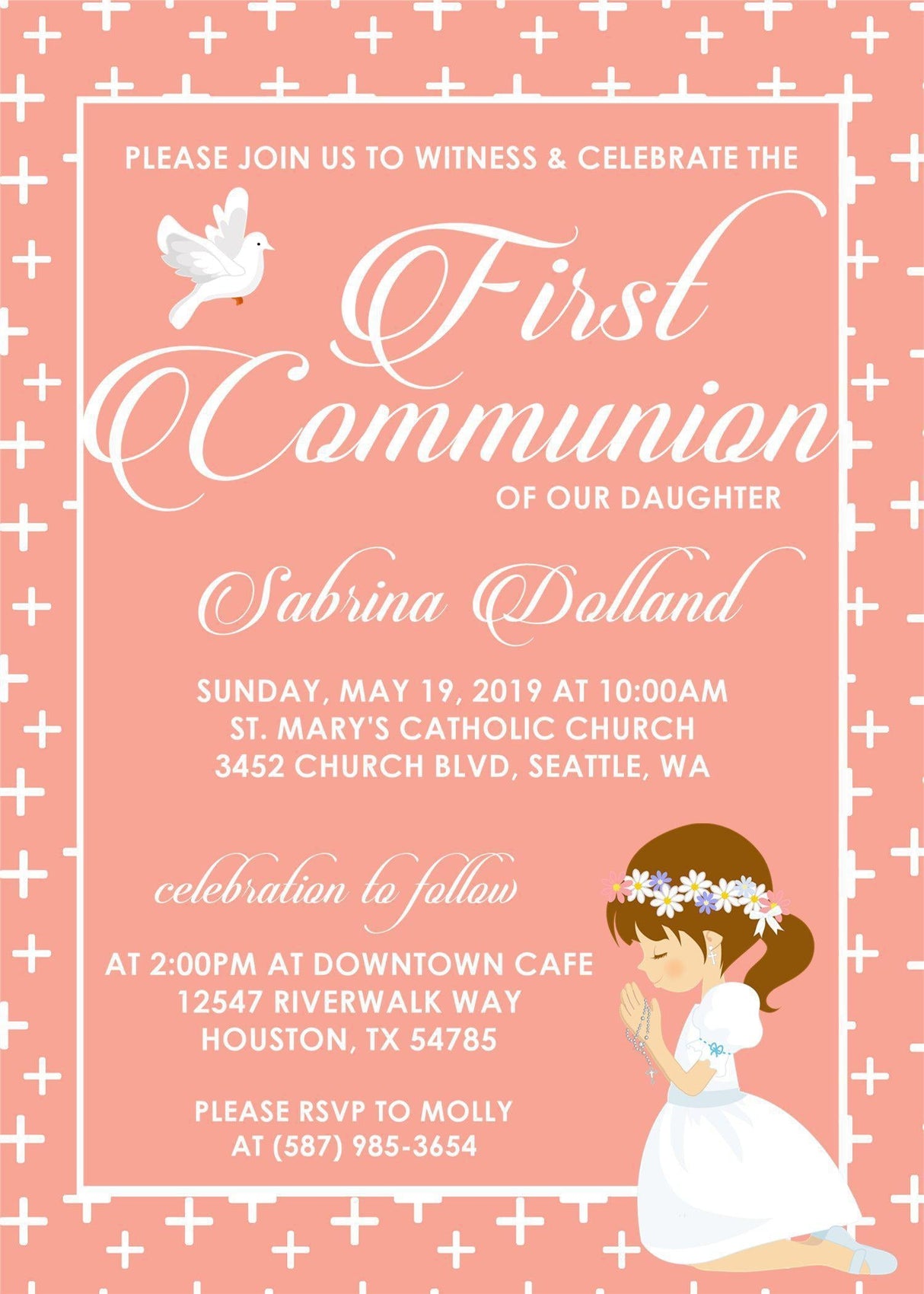 Peach cross pattern communion invitation with character