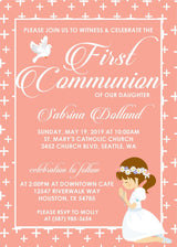 Peach cross pattern communion invitation with character