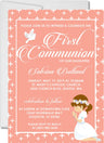 Peach first holy communion invitation for girls