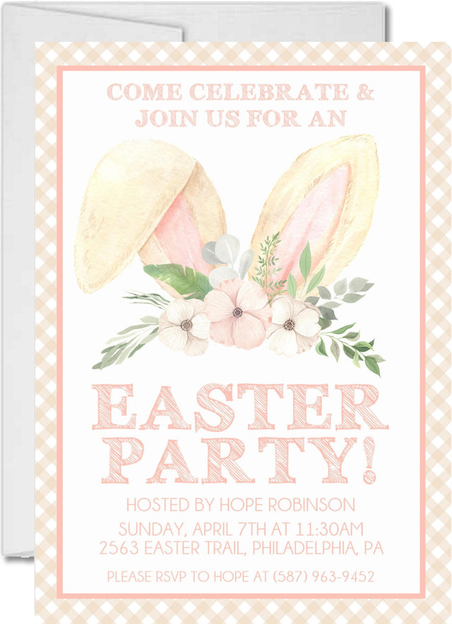 Peach gingham Easter invitation with watercolor bunny ears