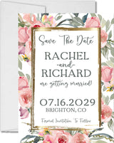Personalized 4 x 6 wedding save the date card with pink flowers and elegant gold accents.
