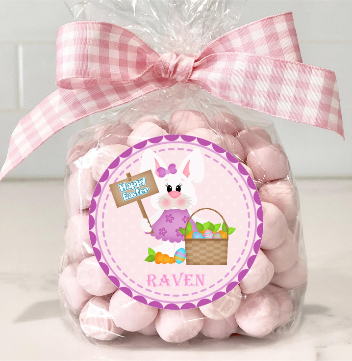 Personalized Easter bunny label with purple accents and eggs
