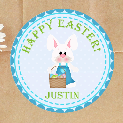 Personalized Easter bunny sticker with blue basket and eggs
