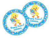 Personalized Easter chick sticker with blue floral border