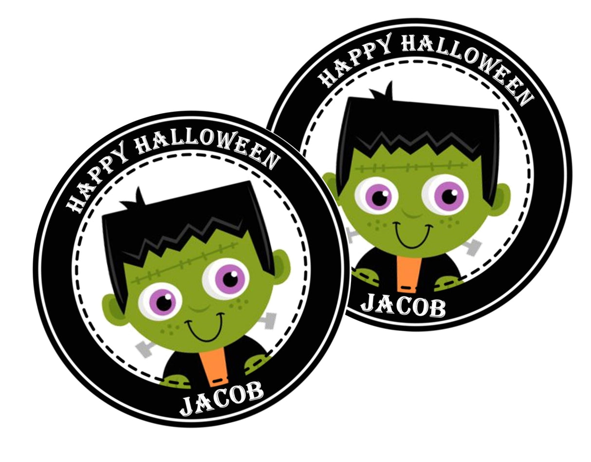 Personalized Frankenstein monster favor label for kids Halloween treat bags