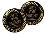 Personalized Gatsby birthday party favor label in black and gold