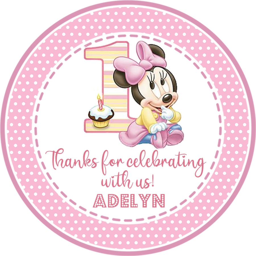 Personalized Minnie Mouse party sticker with number one
