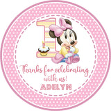 Personalized Minnie Mouse party sticker with number one