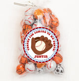 Personalized baseball party sticker featuring mitt and ball