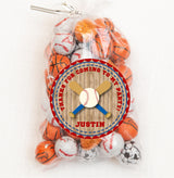Personalized baseball party sticker with bats and ball