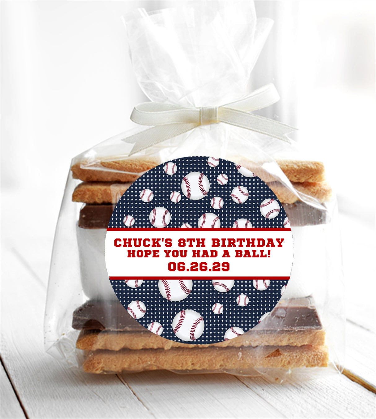 Personalized baseball sticker with red text and baseballs background