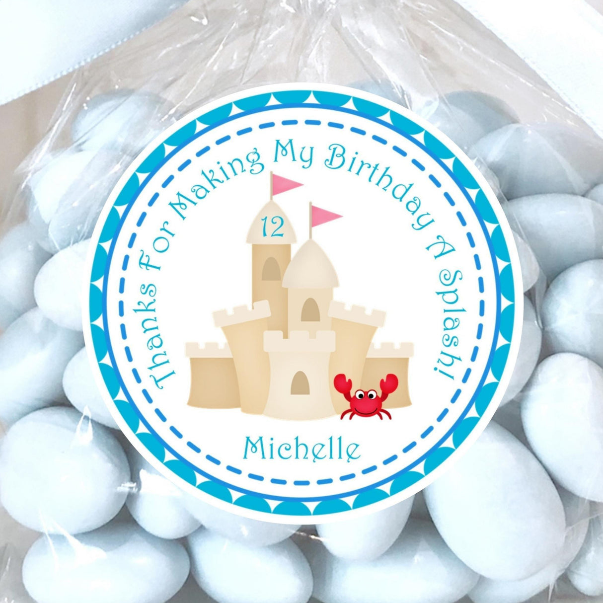 Personalized beach sandcastle birthday sticker with blue border