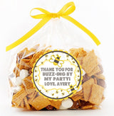 Personalized bee-themed sticker for children’s birthday party favors.