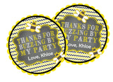 Personalized bee birthday favor label reading “Thanks for Buzz-ing By My Party”