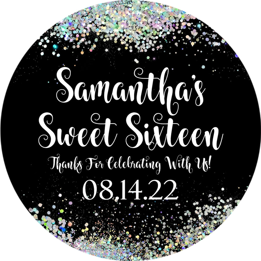 Personalized black Sweet Sixteen favor label