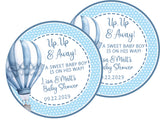 Personalized blue balloon baby shower labels
