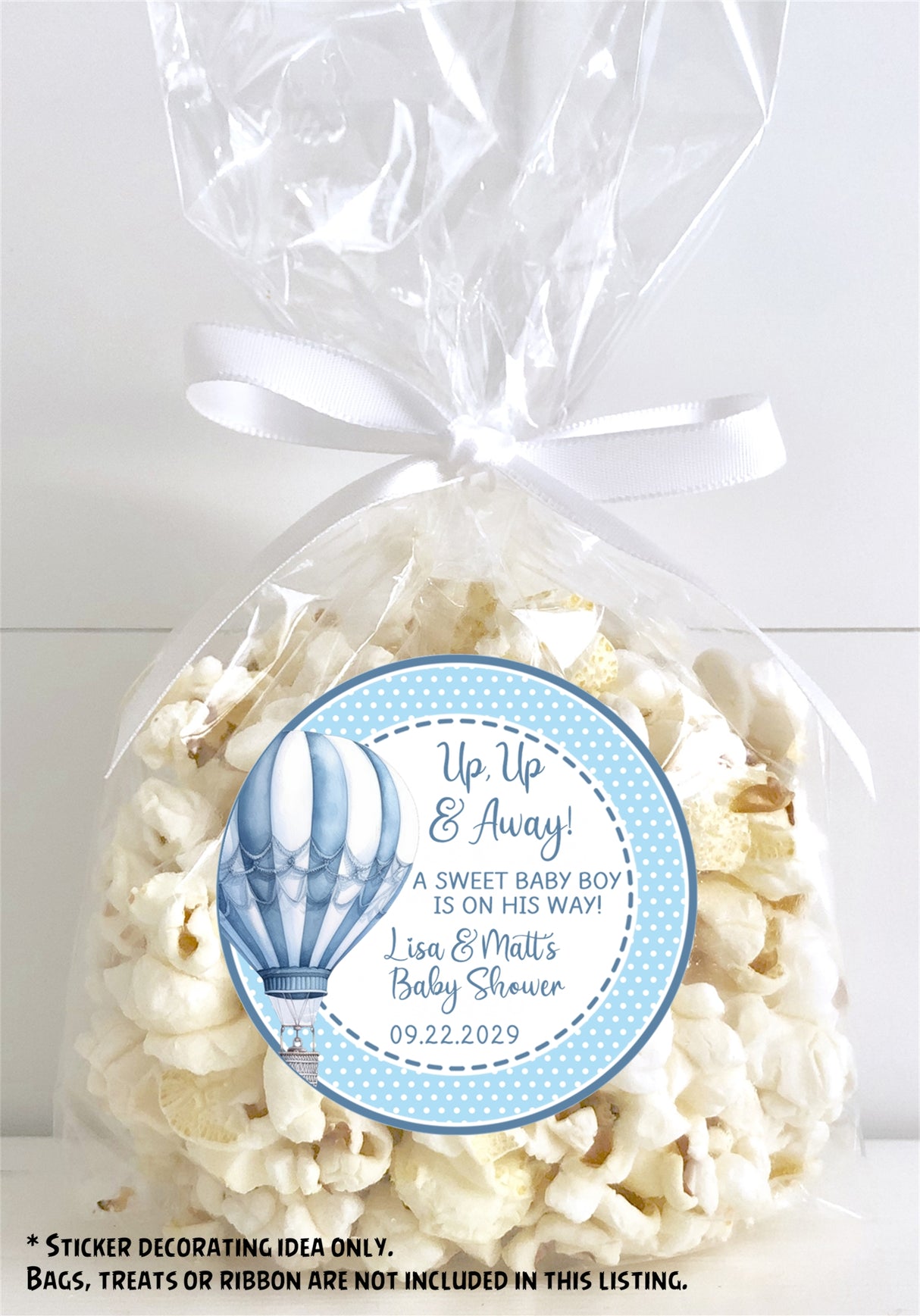 Personalized blue hot air balloon baby shower labels