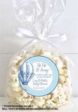 Personalized blue hot air balloon baby shower labels