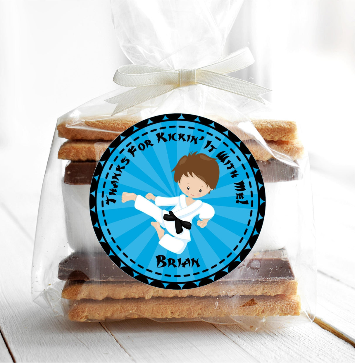 Personalized blue karate party favor sticker