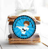 Personalized blue karate party favor sticker