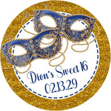 Personalized blue masquerade mask party label