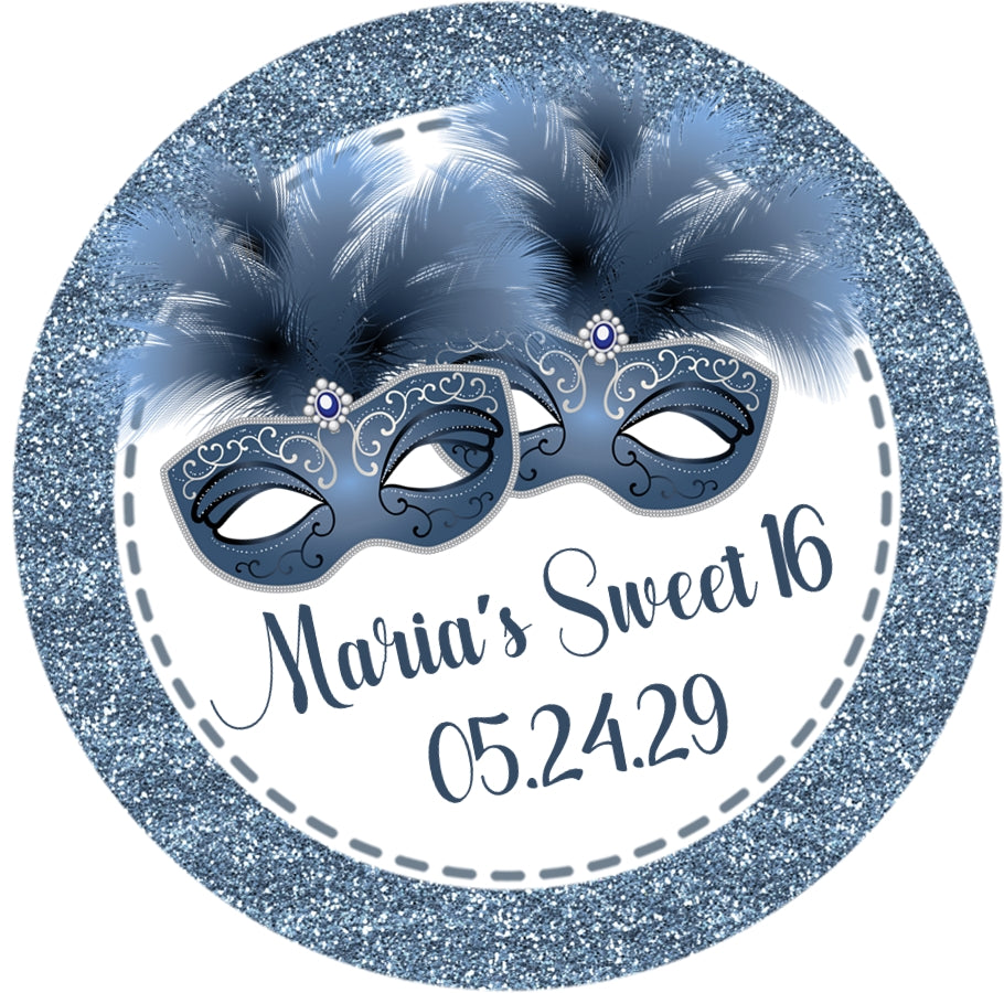 Personalized blue masquerade party favor label