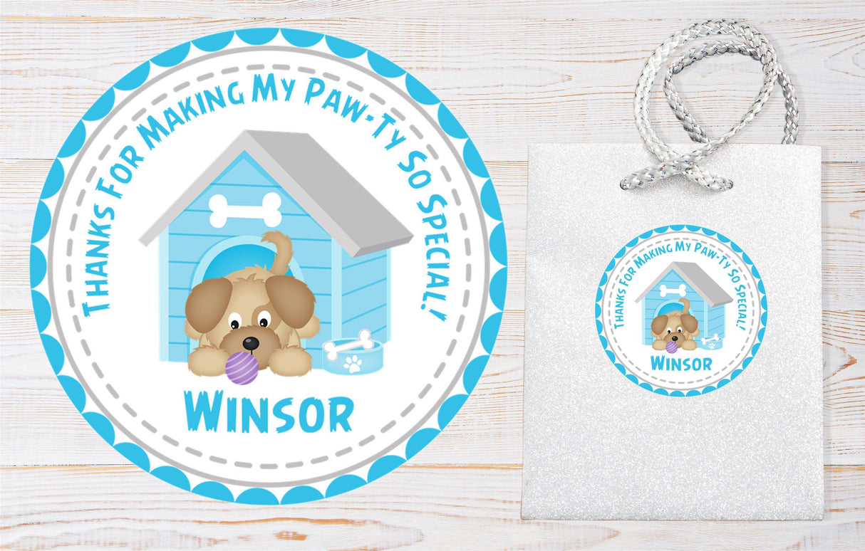 Personalized blue puppy treat bag sticker