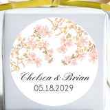 Personalized blush cherry blossom wedding stickers with names and wedding date.