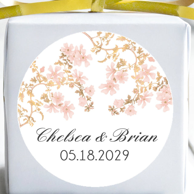 Personalized blush cherry blossom wedding stickers with names and wedding date.