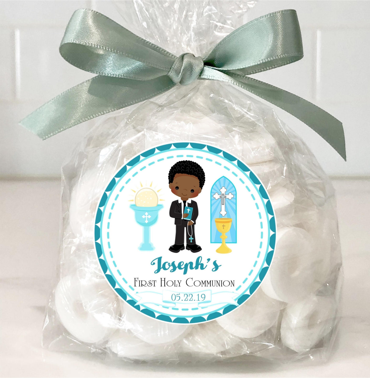 Personalized boy Communion favor label in teal