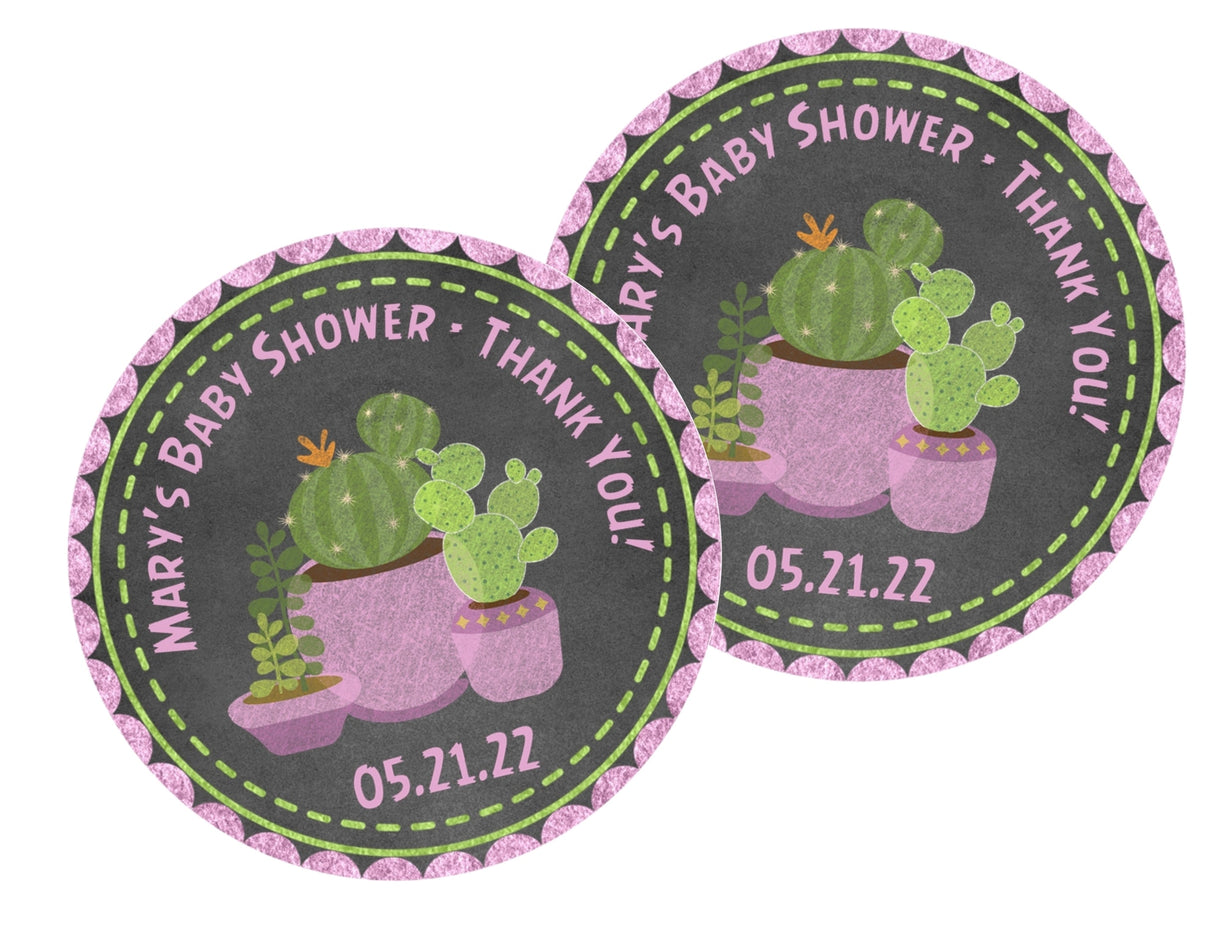 Personalized cactus baby shower thank-you label with bright green and pink colors