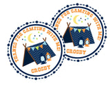 Personalized camping party label with bunting flags