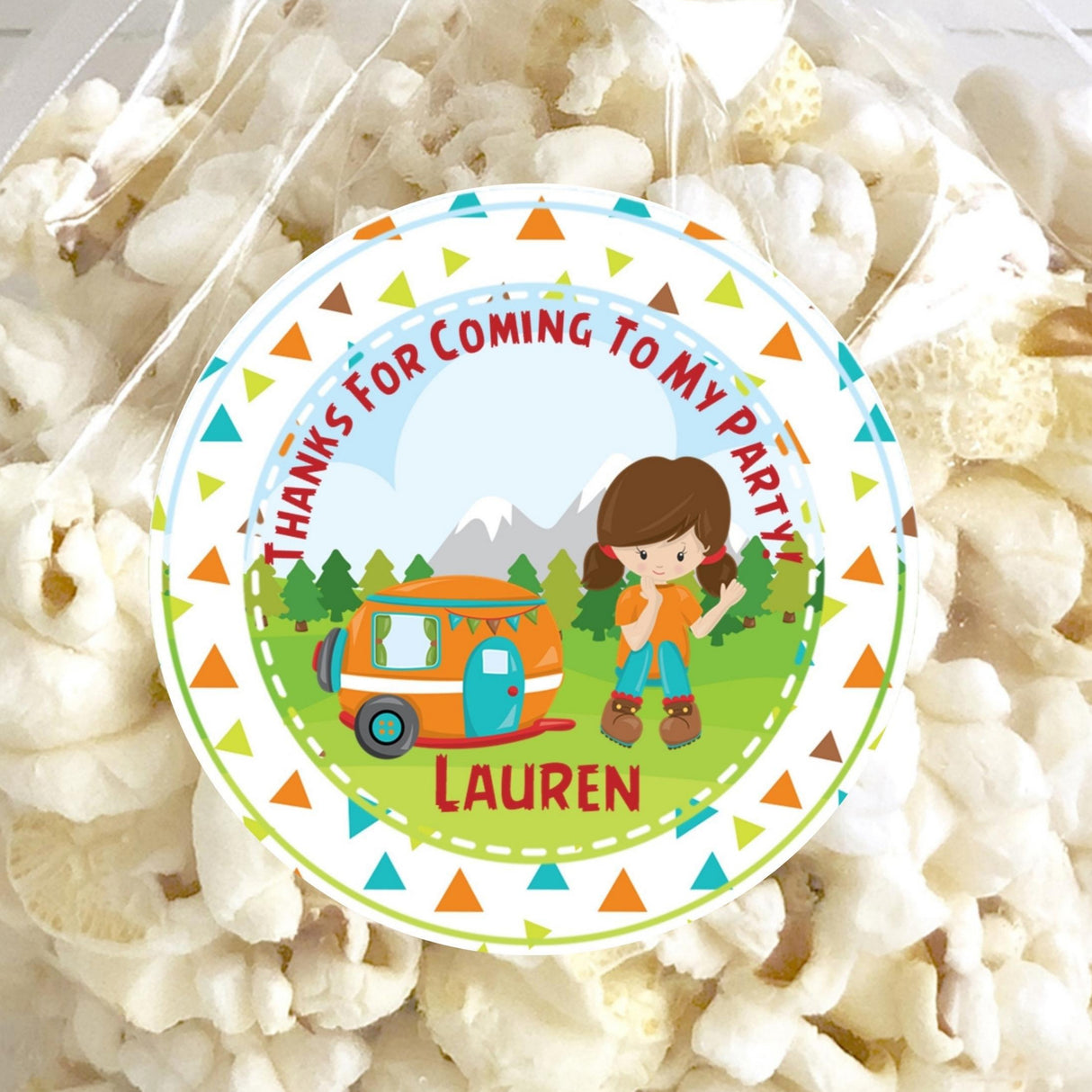 Personalized campout party favor label with confetti border