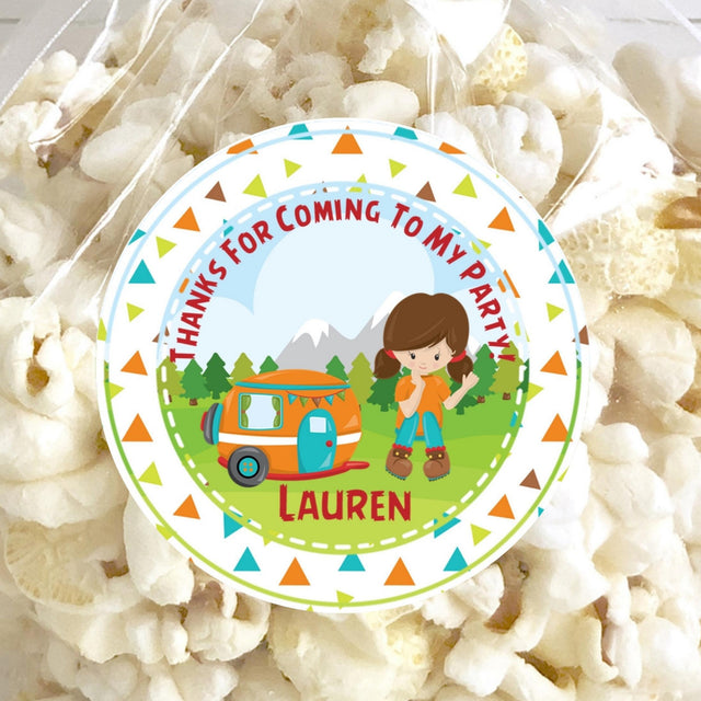 Personalized campout party favor label with confetti border