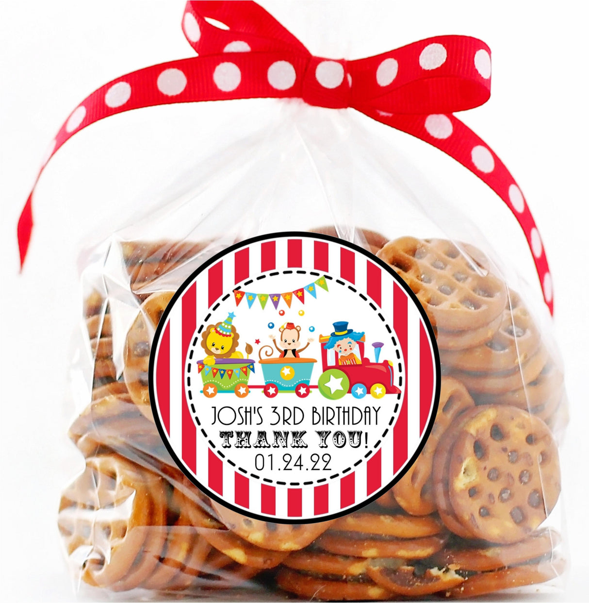 Personalized circus party sticker for treat bags