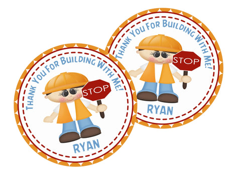 Personalized construction thank-you label with stop sign and hard hat