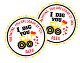 Personalized construction truck Valentine label with hearts