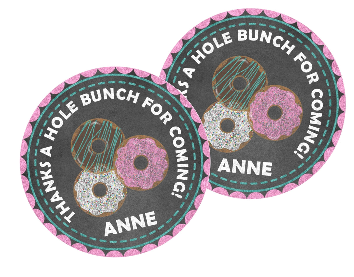 Personalized donut party favor label on chalkboard background