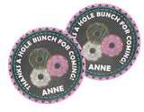 Personalized donut party favor label on chalkboard background