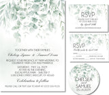 Personalized eucalyptus wedding invitation with optional matching RSVP cards and 2-inch stickers.