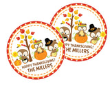 Personalized fall owl favor label featuring pumpkin patch scene