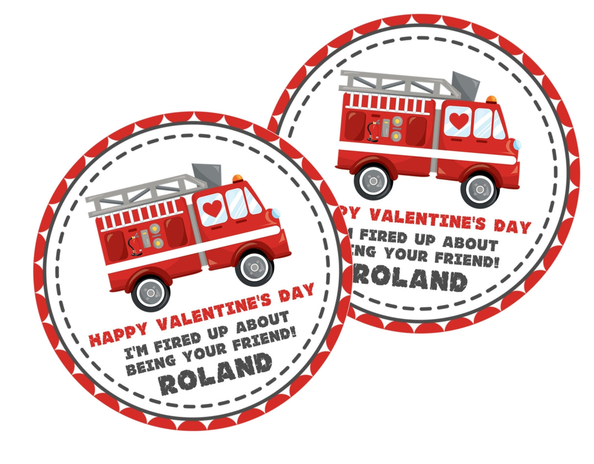 Personalized fire engine Valentine label