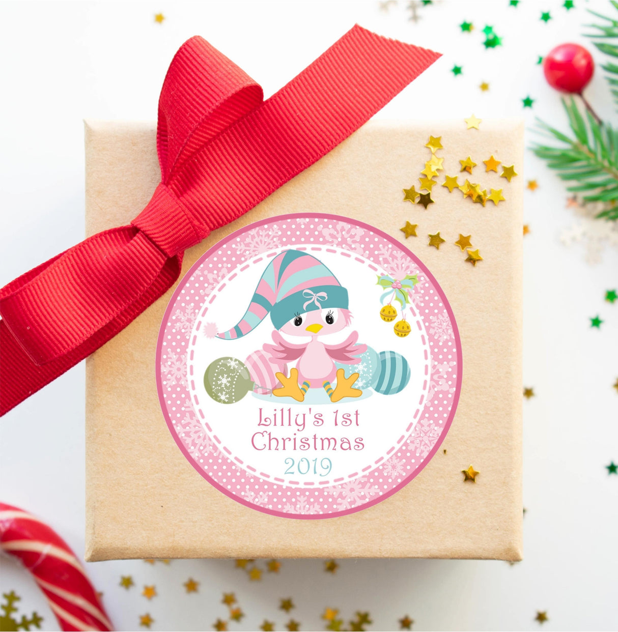 Personalized first Christmas winter bird label