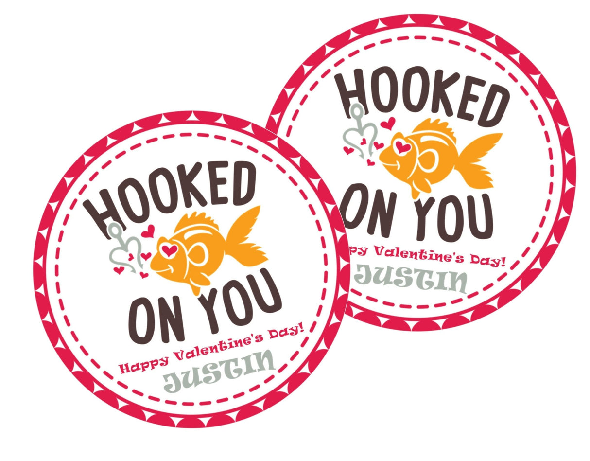 Personalized fish Valentine label with hearts