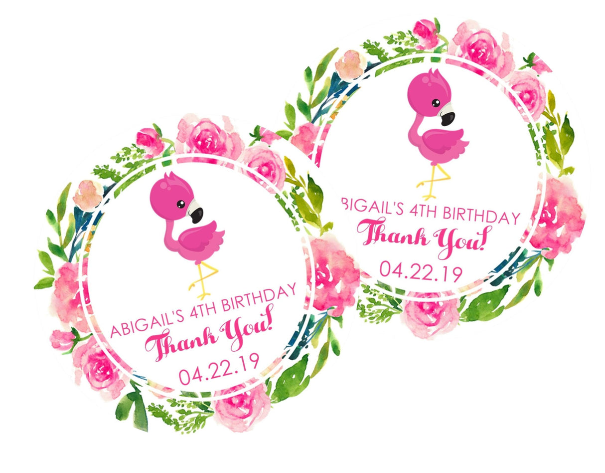 Personalized flamingo party favor label in pink